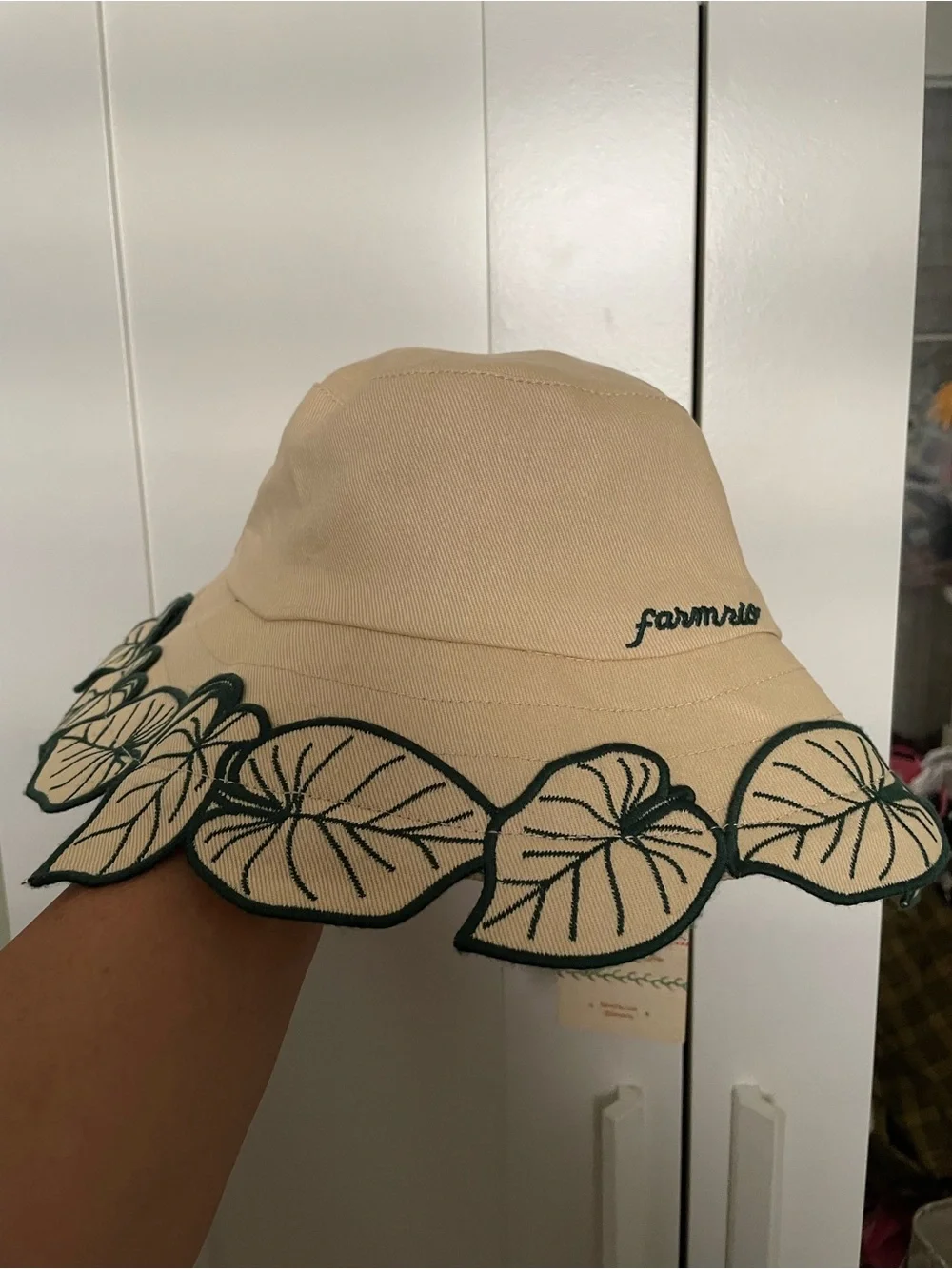 FARM Rio Beige Bucket Hat with Green Leaf Trim